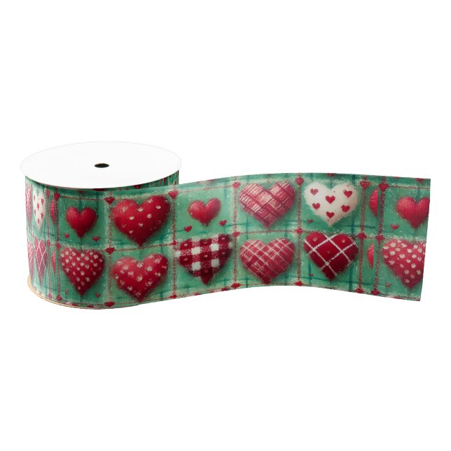 Christmas Quilted Hearts Green Red White  Grosgrain Ribbon (Spool)
