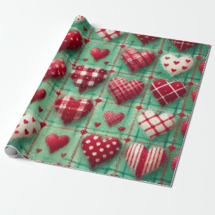 Christmas Quilted Hearts Green Red White  Wrapping Paper