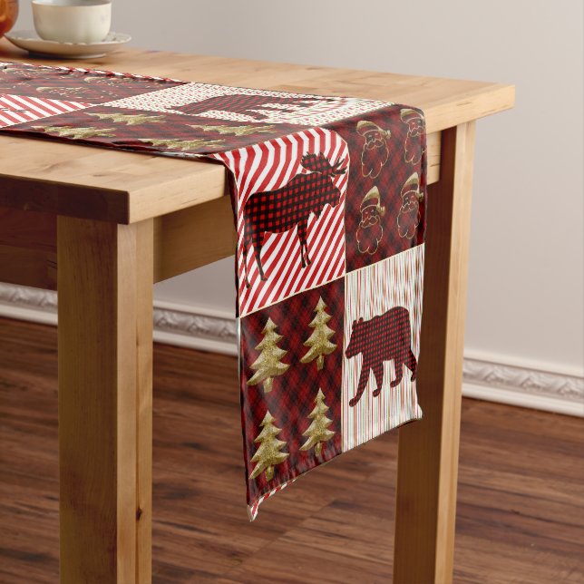 Christmas Quilting Buffalo Plaid Reindeer Bear Short Table Runner (In Situ)