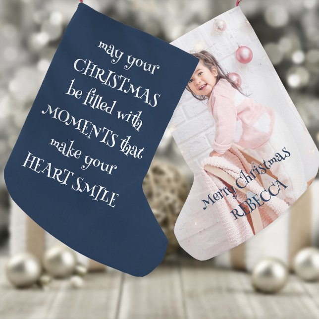 Christmas Quote Photo Name Navy Blue Small Christmas Stocking (Front and back view)
