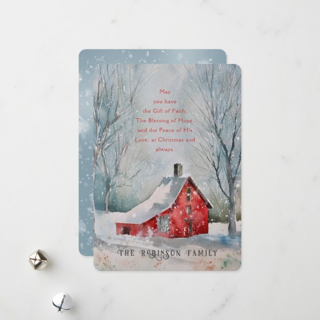 Christmas Quote Red Farm House Snow Winter Scape Holiday Card (Front/Back In Situ)