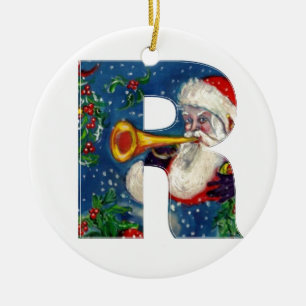 CHRISTMAS R LETTER / SANTA CLAUS BUGLER MONOGRAM CERAMIC ORNAMENT