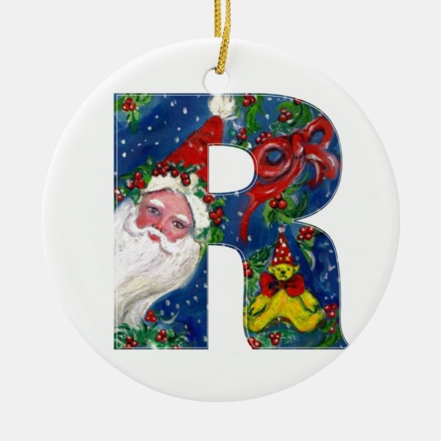 CHRISTMAS R LETTER / SANTA CLAUS WITH RED RIBBON CERAMIC ORNAMENT (Front)