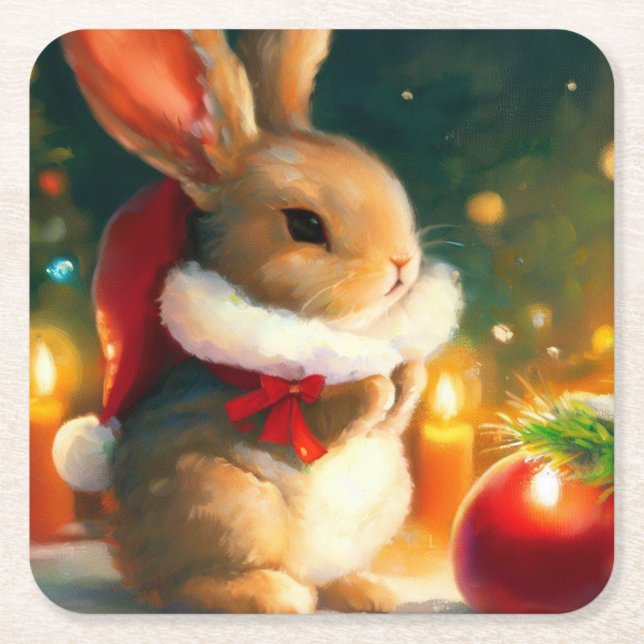 Christmas Rabbit 1 Square Paper Coaster (Front)