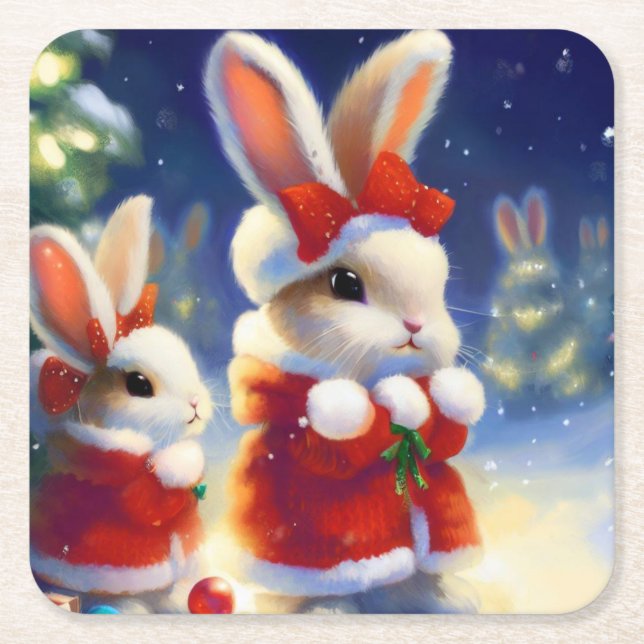 Christmas Rabbit 3 Square Paper Coaster (Front)