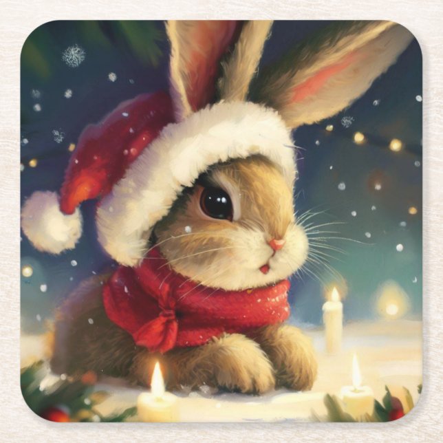 Christmas Rabbit 4 Square Paper Coaster (Front)