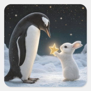 Christmas Rabbit and Penguin with Neon Star Square Sticker
