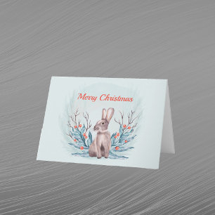 Christmas Rabbit Berries Watercolor Holiday Card