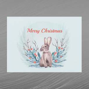 Christmas Rabbit Berries Watercolor Holiday Postcard