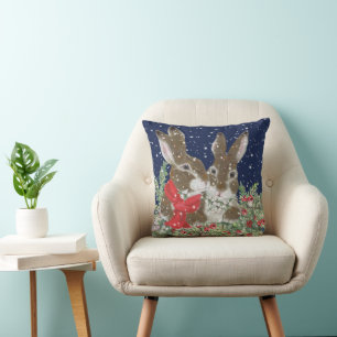 Christmas Rabbit Bunny Snow Holiday Cute Painting Cushion