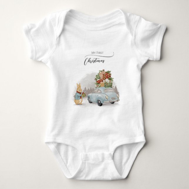 Christmas Rabbit Peter and Car Baby Bodysuit (Front)