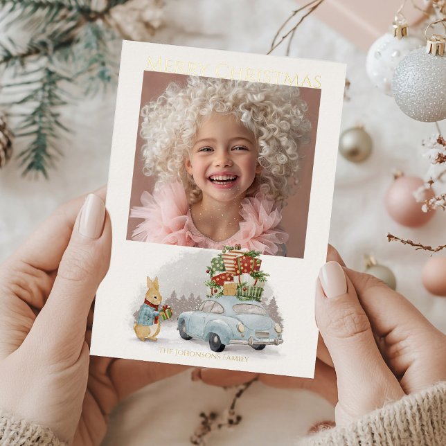 Christmas Rabbit Peter and Car  Foil Holiday Card (Creator Uploaded)