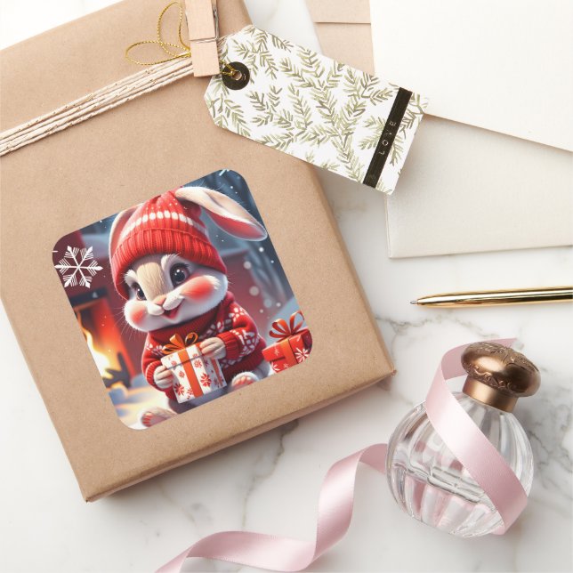 Christmas Rabbit  Square Sticker (Gifting)