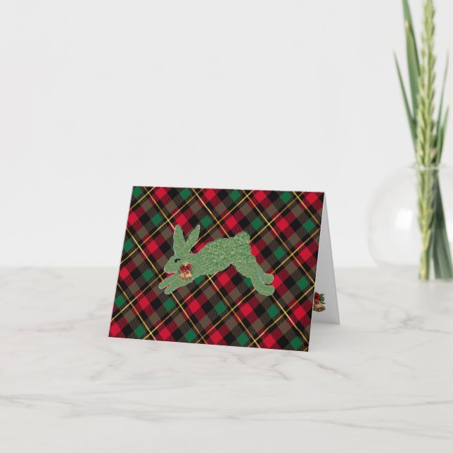 Christmas Rabbit Topiary plaid Holiday Card (Front)