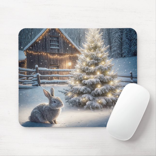 Christmas Rabbit With Glowing Tree Mouse Pad (With Mouse)