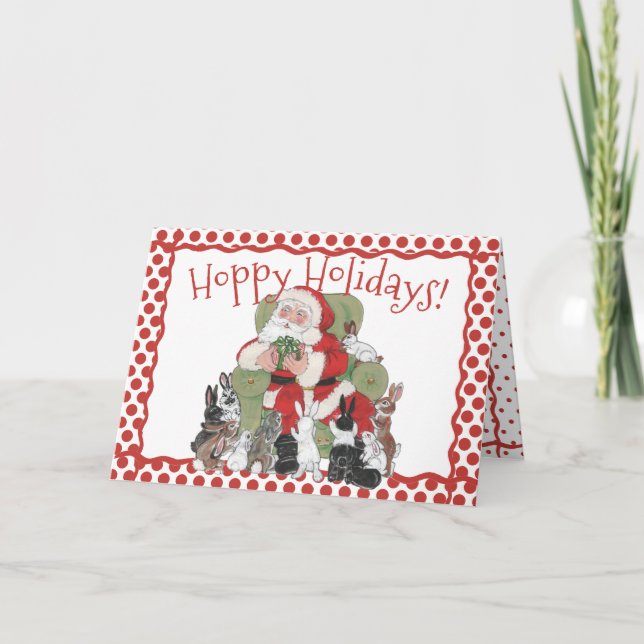 Christmas Rabbits & Santa Holiday Cute Bunny Retro Card (Front)
