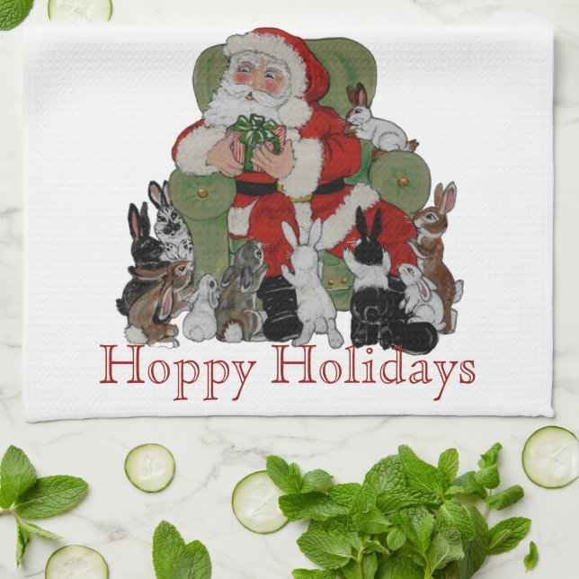 Christmas Rabbits Santa Hoppy Holidays Bunny Pet Tea Towel (Folded)