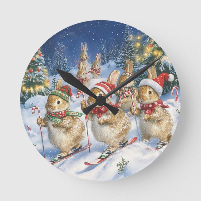 Christmas rabbits skiing in the winter forest round clock (Front)