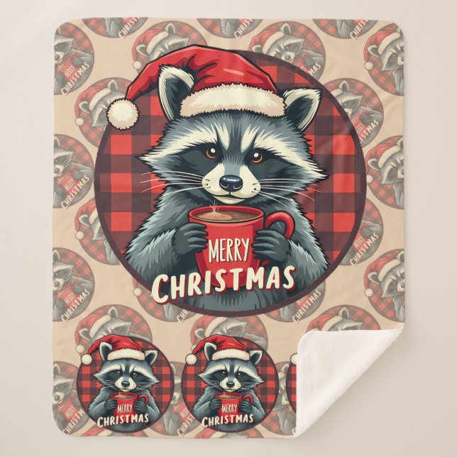 Christmas Raccoon Cocoa Cheer Sherpa Blanket (Front)
