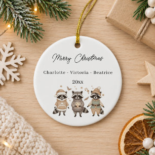 Christmas Raccoons Friends Watercolor Ceramic Ornament