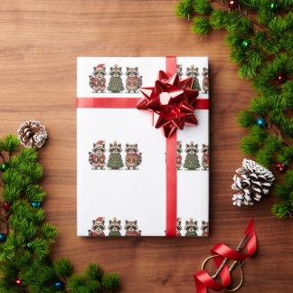 Christmas Raccoons Santa Suit Tree Candy Cane Xmas Wrapping Paper