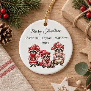 Christmas Raccoons Siblings Kids Watercolor Ceramic Ornament