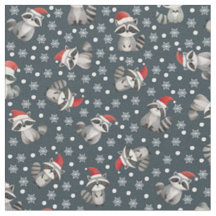 Christmas Raccoons & Snowflakes on Dark Gray-Blue Fabric