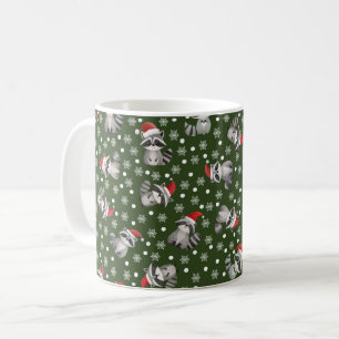 Christmas Raccoons & Snowflakes on Dark Green Coffee Mug