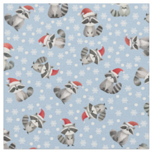 Christmas Raccoons & Snowflakes on Light Blue Fabric