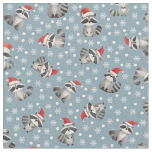 Christmas Raccoons & Snowflakes on Light Grey-Blue Fabric