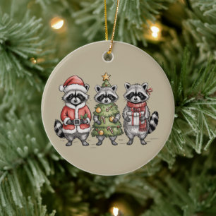 Christmas Raccoons Woodland Trio Santa Tree Animal Ceramic Ornament
