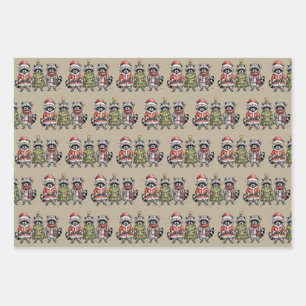 Christmas Raccoons Woodland Trio Santa Tree Animal Wrapping Paper Sheet
