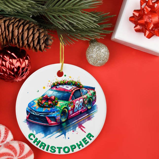 Christmas Race Car Racing Fan Custom Name Ceramic Ornament (Creator Uploaded)