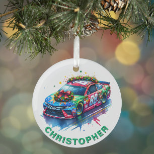 Christmas Race Car Racing Fan Custom Name Glass Tree Decoration