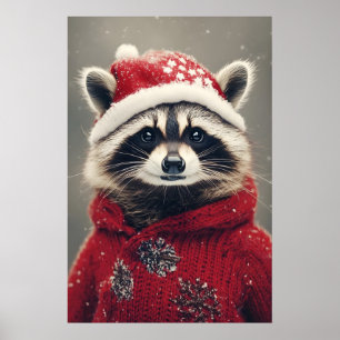 Christmas Racoon Art Print, Retro Holiday Poster