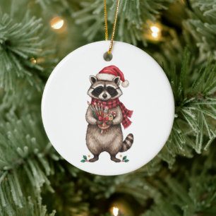 Christmas Racoon Artist Santa Hat Paint Brushes Ceramic Ornament