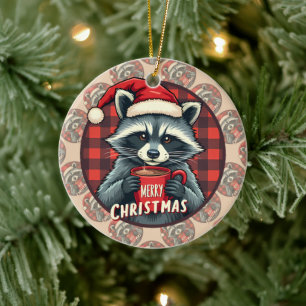 Christmas Racoon Cocoa Cheer Ceramic Ornament