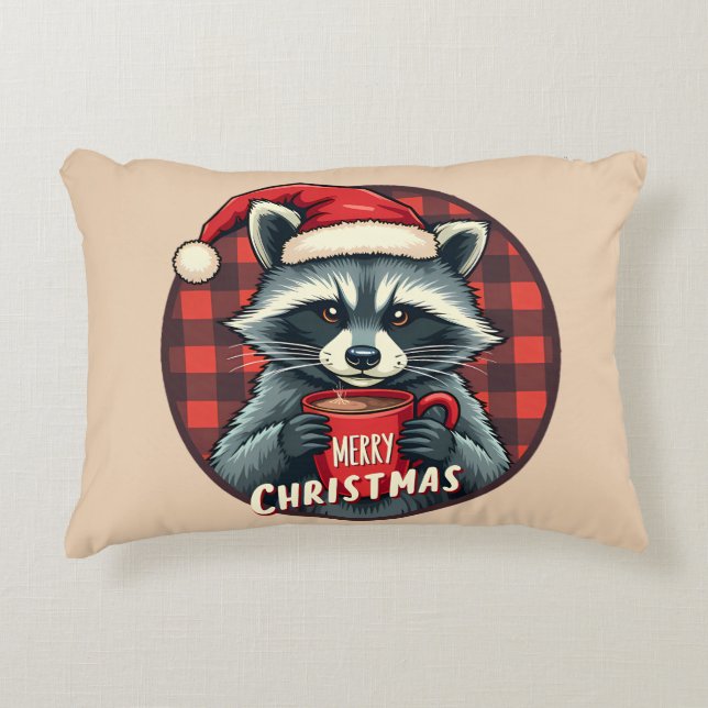 Christmas Racoon Cocoa Cheer Decorative Cushion (Front)