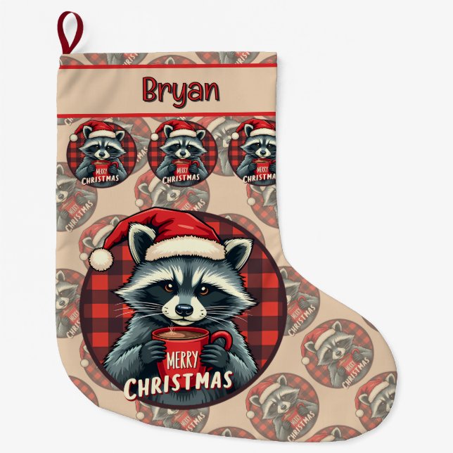 Christmas Racoon Cocoa Cheer Large Christmas Stocking (Front)