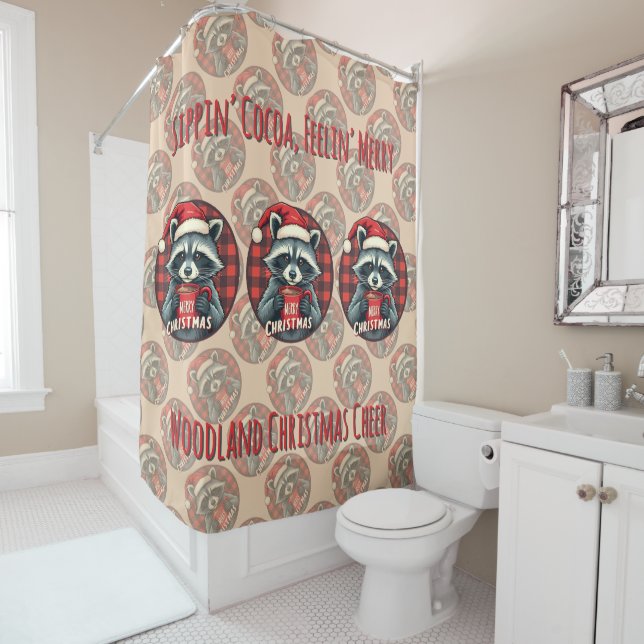 Christmas Racoon Cocoa Cheer Shower Curtain (In Situ)