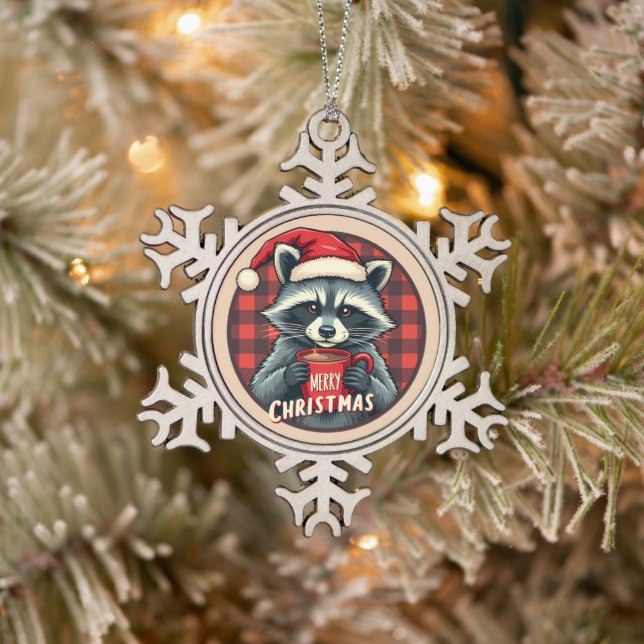 Christmas Racoon Cocoa Cheer Snowflake Pewter Christmas Ornament (Tree)