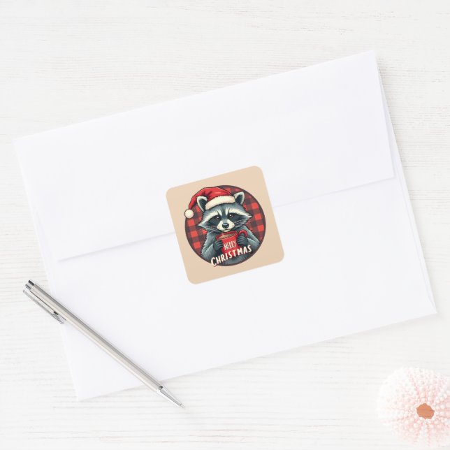 Christmas Racoon Cocoa Cheer Square Sticker (Envelope)
