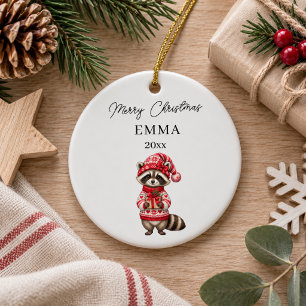 Christmas Racoon Girl Watercolor Name Ceramic Ornament