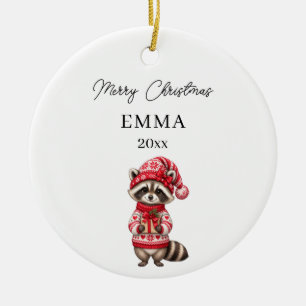 Christmas Racoon Girl Watercolor Name Ceramic Ornament