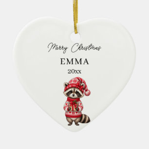 Christmas Racoon Girl Watercolor Name Heart Ceramic Ornament