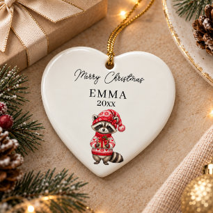 Christmas Racoon Girl Watercolor Name Heart Ceramic Ornament