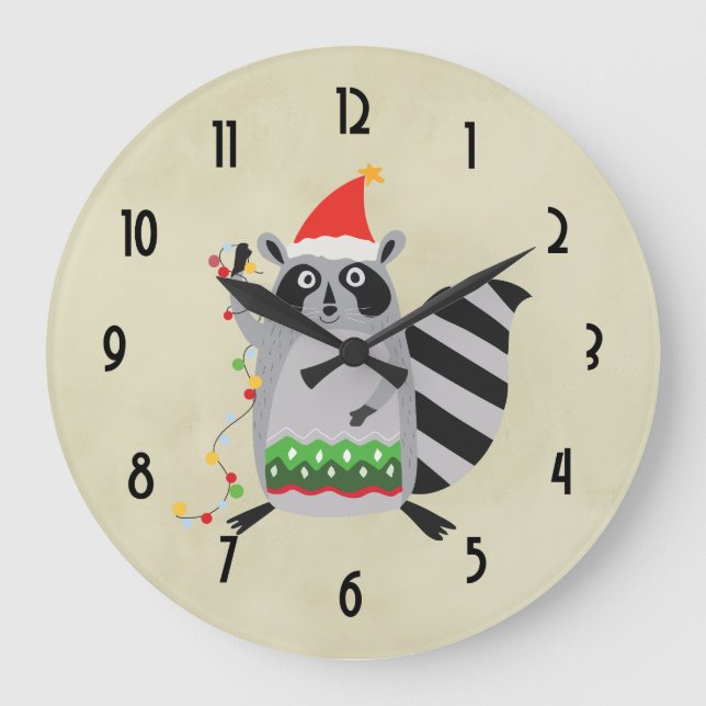 Christmas Racoon Holding Holiday Lights Large Clock (Front)