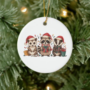 Christmas Racoon Opossum Panda Santa Hat Xmas Ceramic Ornament