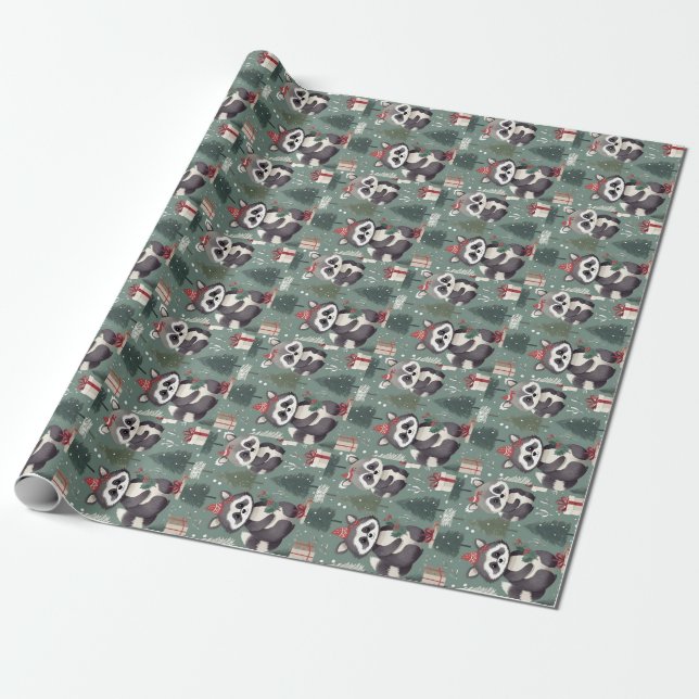 Christmas Racoon pattern Wrapping Paper (Unrolled)