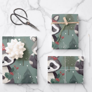 Christmas Racoon pattern Wrapping Paper Sheet